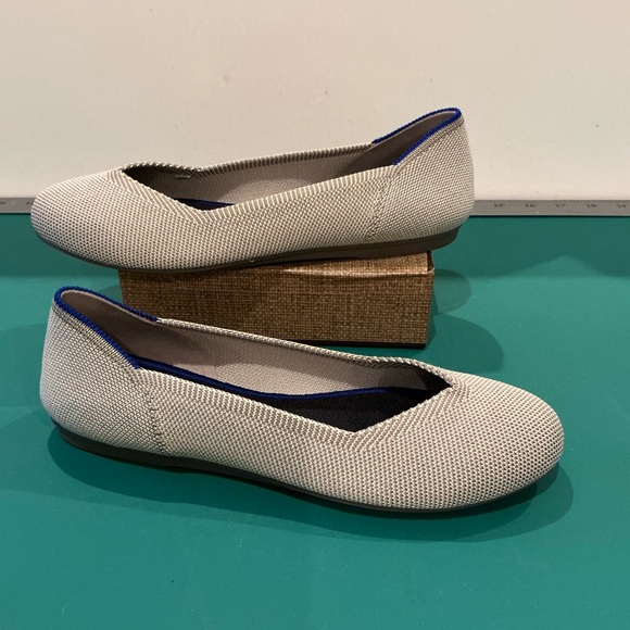 Rothy's The Flat Pointed Knit Ballet Flats in Cream with Blue Trim - Picture 3 of 6